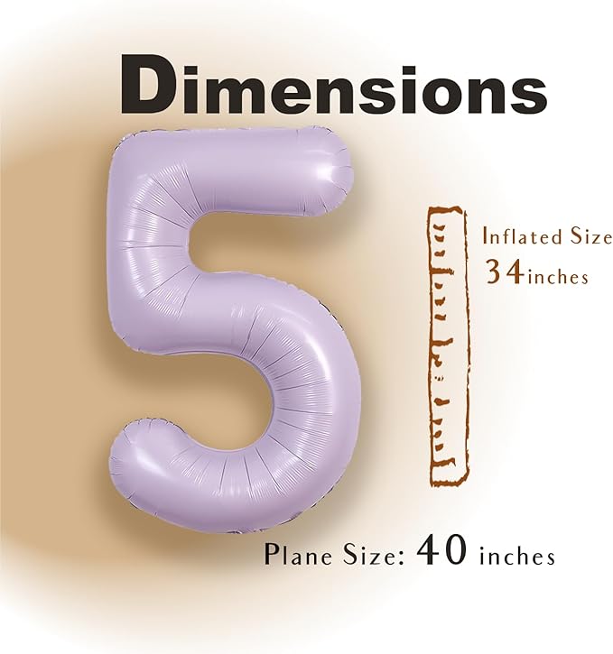 SUWEN 40 Inch Light Purple Large 5 Balloon Number Big Foil Helium Lavender Number Balloons Huge Mylar 0-9 Giant Jumbo Happy 5th Birthday Party Anniversary Decorations