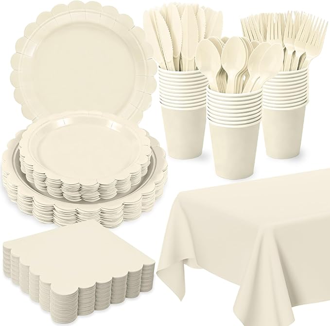 176 PCS Ivory Plates and Napkins - Beige Scalloped Plates, Napkins, Cups, Cutlery, Tablecloth for Baby Shower, Wedding, Birthday Party Decorations, Serves 25
