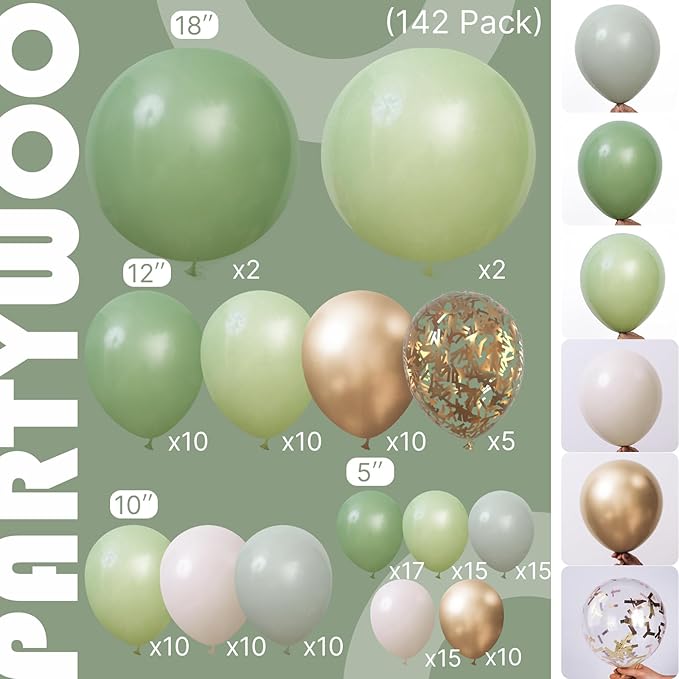 PartyWoo Sage Green Balloon Arch Kit Garland 142pcs Different Sizes of 18 12 10 5 Inch Olive Dusty Boho Green Balloons for Baby Shower Graduation Jungle Woodland Dinosaur Birthday Party Decorations