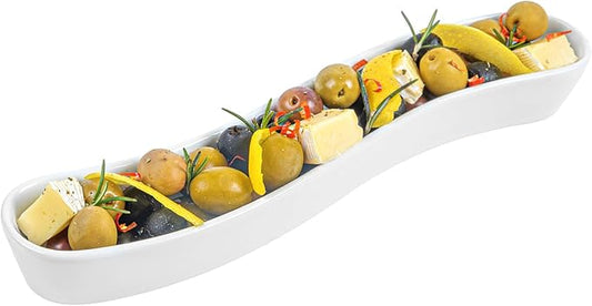 Restaurantware Swerve 10 Ounce Olive Plate 1 Curved Olive Tray - Medium Chip Resistant White Porcelain Olive Canoe Dishwasher Safe For Snacks Condiments Or Appetizers