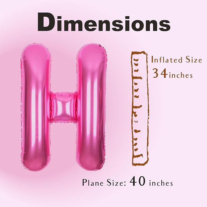 SUWEN 40 Inch Hot Pink Large H Letter Balloons Big Foil Helium Letter Balloons A-Z Jumbo Mylar Happy Birthday Party Decorations for Woman Anniversary Party Supplies