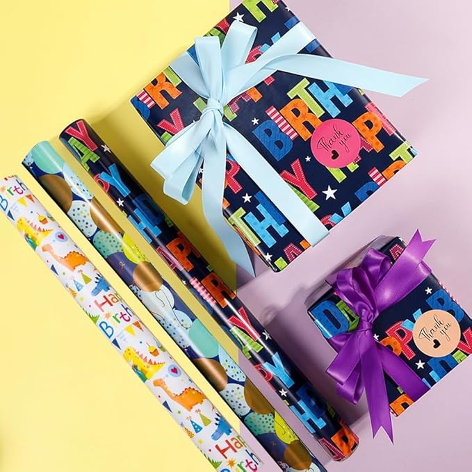 Viadom Birthday Wrapping Paper Roll - Mini Roll - 17 inch X 120 inch Per roll - Colorful Text Happy Birthday, Balloon, Dinosaur Patterns for Birthday, Holiday, Party, Baby Shower (42.3 sq.ft.ttl)