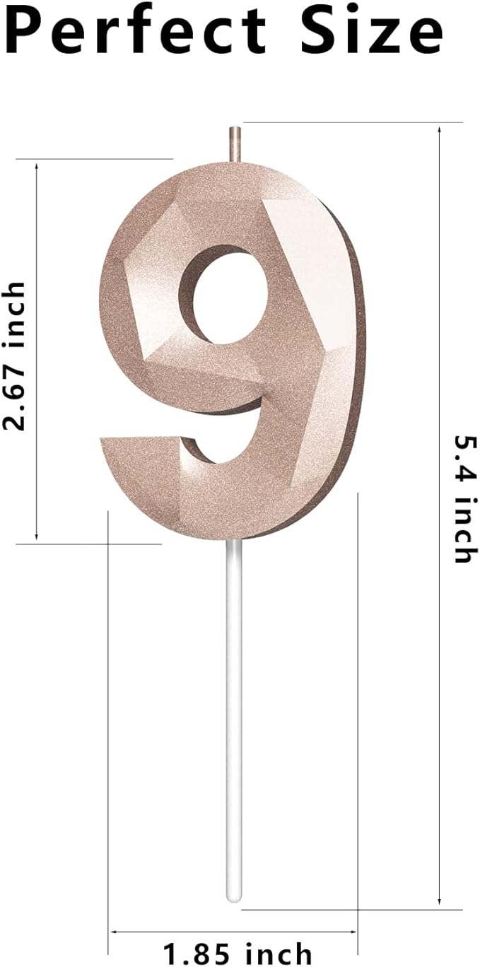 Number Birthday Candles(9 Candle Rose Gold) 3D Diamond Shape Number Happy Birthday Cake Candles for Birthday Party Wedding Decoration Reunions Theme Party