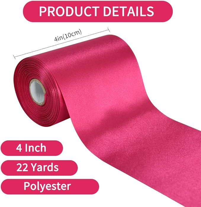 TONIFUL 4 Inch x 22 Yards Wide Hot Pink Satin Ribbon Solid Fabric Large Ribbon for Cutting Ceremony Kit Grand Opening Chair Sash Table Hair Car Bows Sewing Craft Gift Wrapping Wedding Party Decoration