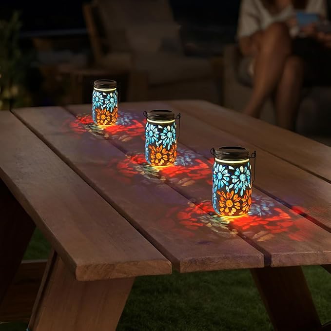 Starsoul Solar Lanterns Outdoor Waterproof, Mosaic Flowers Glass Solar Hanging Outdoor Lights, Decorative Solar Lantern for Outside Pathway Patio Porch Yard Decor