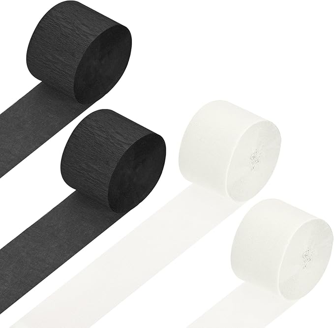 Crepe Paper Roll, 4 Rolls 328ft Crepe Paper Streamers, [for Party Streamer Decorations] - (1.8 Inch x 82 ft/Roll) / Black, White