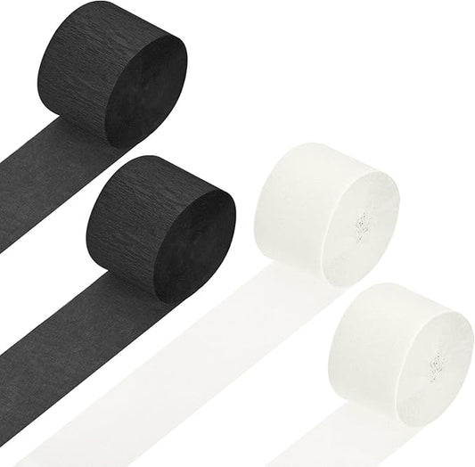 Crepe Paper Roll, 4 Rolls 328ft Crepe Paper Streamers, [for Party Streamer Decorations] - (1.8 Inch x 82 ft/Roll) / Black, White