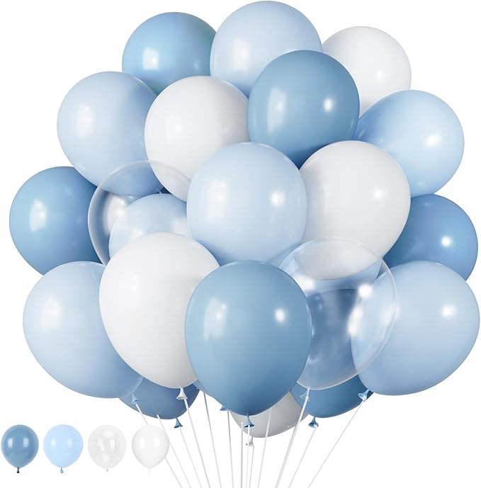 RUBFAC Dusty Blue and White Balloons, Party Balloons for Birthday Baby Blue Clear Balloon 12 Inch, Wedding Baby Shower Gender Reveal Decorations, 65pcs