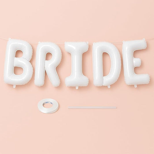 40 Inch White Bride Balloons for Bachelorette Party Decorations, TWPER Large Foil Letter, Balloon Banner Kit with Ribbon Straw for Bridal Shower Wedding Engagement Photo Props