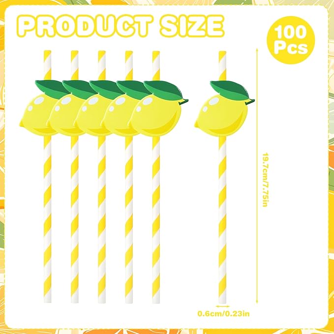 Lemonade Stand Paper Straws - 100PCS Fresh Lemonade Party Decorations Supplies, Lemon Drink Cocktail Striped Straw for Drinks, Birthday Decor for Summer Disposable (Yellow)