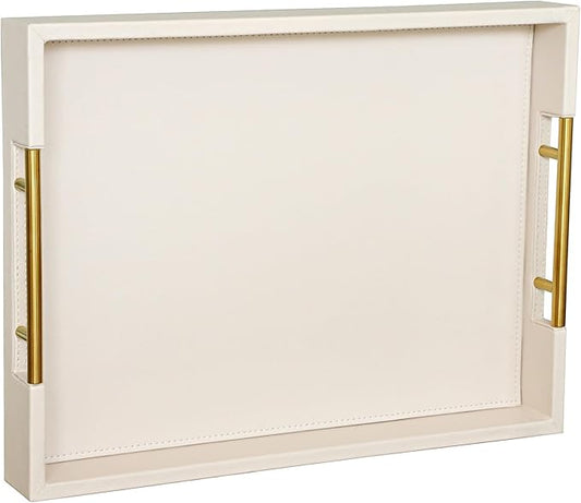 HofferRuffer Faux Leather Serving Tray with Gold Metal Handles, Stylish Decorative Tray Organizer for Coffee Table, Ottoman, Home Decor and Serving (CreamWhite, 16.2" x 12.2" x 2")