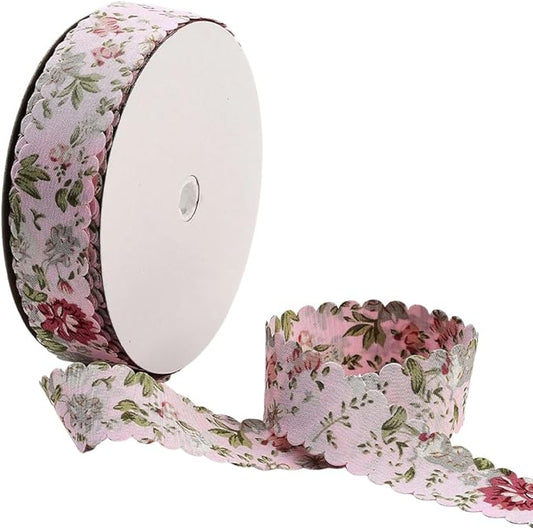 20 Yards Pink Floral Print Ribbon Vintage Flower Pattern Ribbon Spring Polyester Wavy Edge Fabric Ribbons with Spool for Sewing Making Craft Wedding Party Birthday Gift Wrapping Christmas