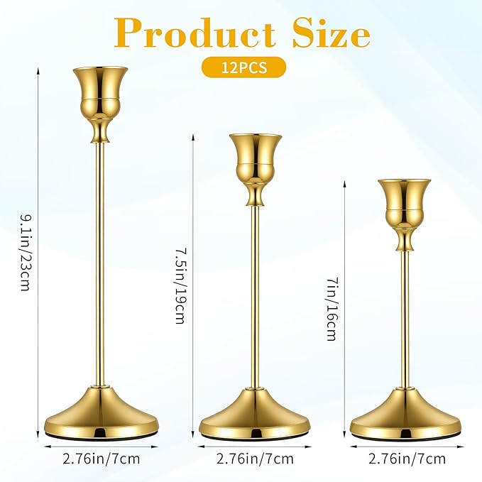 12 PCS Gold Metal Taper Candle Holders Bulk, Candlestick Holders, 7cm Diameter Taper Candle Holder Bulk for Table Centerpieces Candlesticks for Wedding Christmas Home Party Table Decor-23/19/16cm