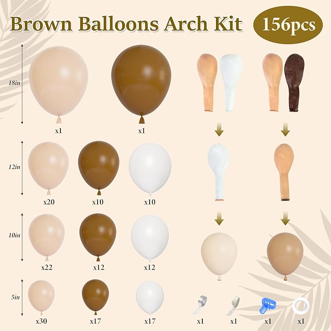 Ouddy Life 156Pcs Brown Balloons Garland Arch Kit, DIY 18"12"10" Coffee Brown Blush Nude Balloons for Neutral Woodland Teddy Bear Baby Shower Wedding Jungle Safari Birthday Party Decorations