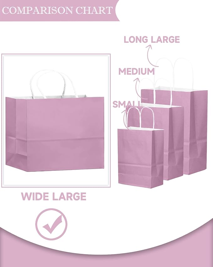 qiqee 24PCS Large Gift Bag with Handles Bulk 13"x4.5"x10" Gift Bags Pink Purple Bags Multiple Uses (32x11x25cm,Wide Large)