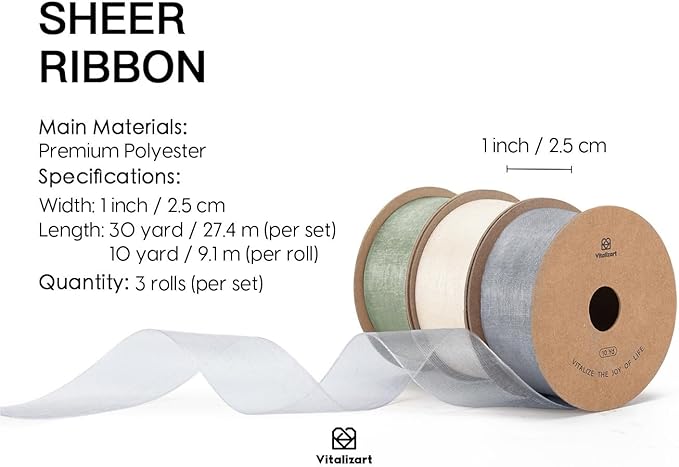 Vitalizart Organza Sheer Ribbon Set 1 inch x 30 Yd Handmade Fabric Ribbons for Gift Wrapping Christmas Tree Crafts Bows Wedding Invitations Wreaths Wrap Cream White Dusty Blue & Green