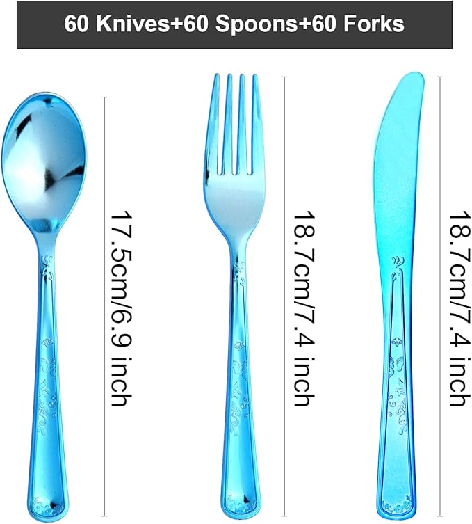180 Pack Disposable Deep Blue Plastic Silverware Contain 60 Forks,60 Spoons,60 Knives, Solid and Durable Plastic Cutlery Utensils Set Perfect for Parties,weddings.