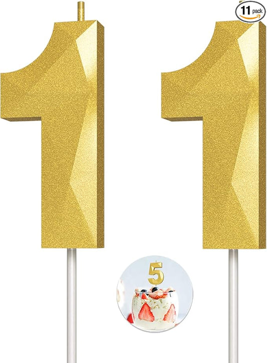 Number Birthday Candles(11 Candle Gold) 3D Diamond Shape Number Happy Birthday Cake Candles for Birthday Party Wedding Decoration Reunions Theme Party