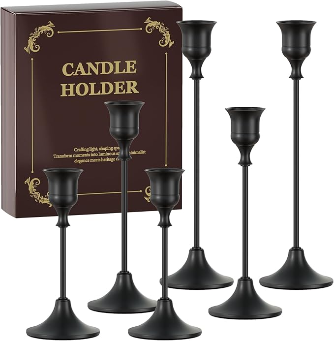FSyueyun 6 Pcs Black Candle Holder, Elegant Metal Taper Candle Holders Set, Modern Candlestick Holders for Table Centerpiece, Fireplace Mantel, Wedding, Christmas Home Decor and Housewarming Gift