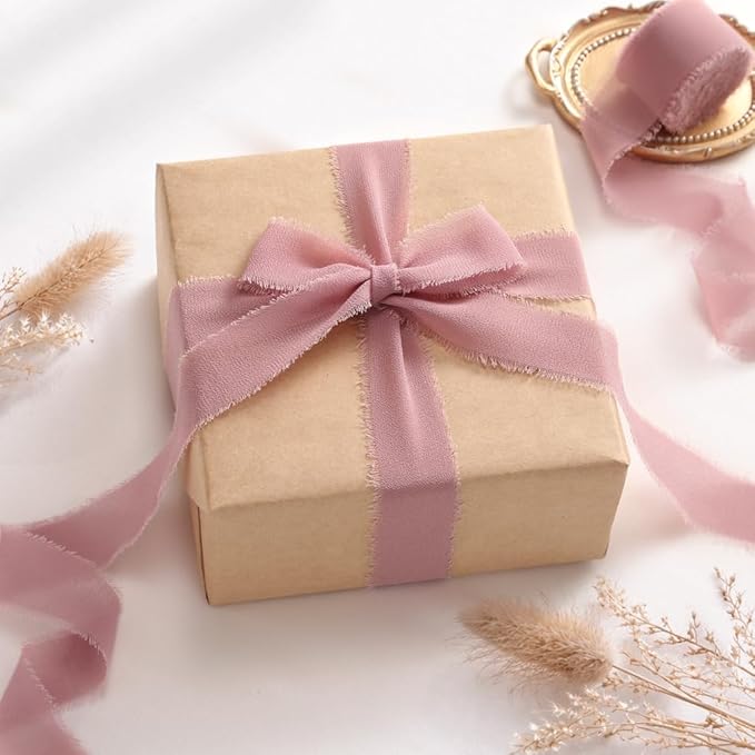 DORIS HOME Mauve Chiffon Ribbon for Flower Bouquet, 1" x21Yd Fabric Ribbon for Gift Wrapping, Handmade Frayed Ribbon for Wedding Invitations/Christmas Decorations