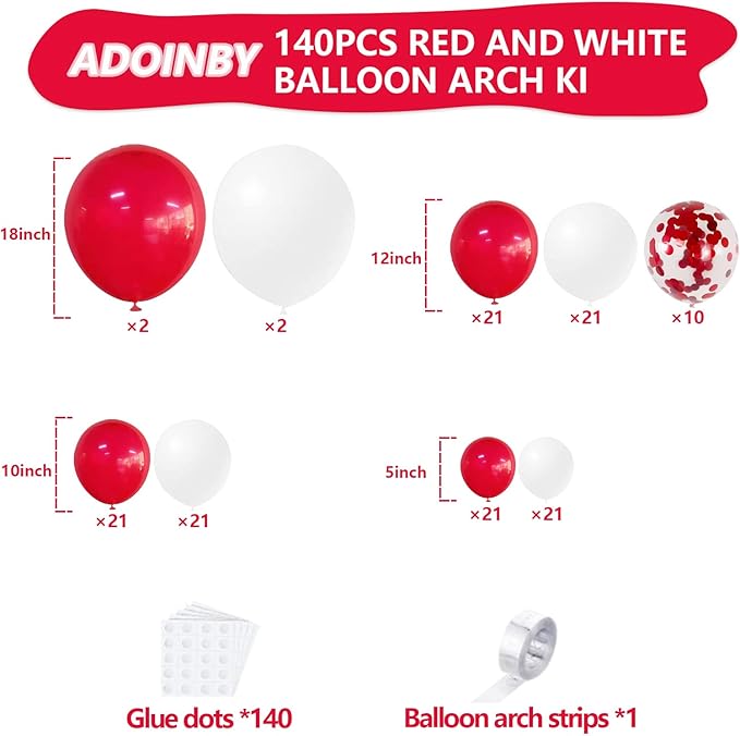 140Pcs Red and White Balloon Arch Kit for Birthday, Wedding, Engagements, Baby Shower, Christmas, Anniversary Party Decoration