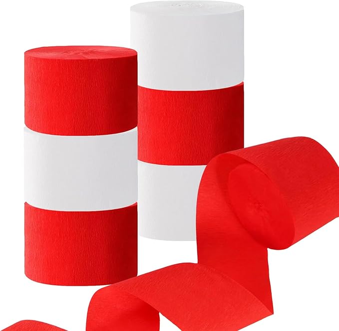 CC wonderland zone 6 Rolls White Red Crepe Paper Streamers ffor Wedding Engagement Valentine's Day Birthday Party Decorations,82 feet Long 1.77 inch Wide