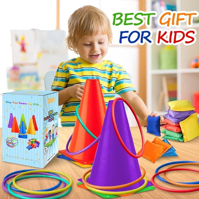 Eocolz 3 in 1 Carnival Games Set, Soft Plastic Cones Bean Bags Ring Toss Games for Kids Birthday Party Outdoor Games Supplies Combo Set
