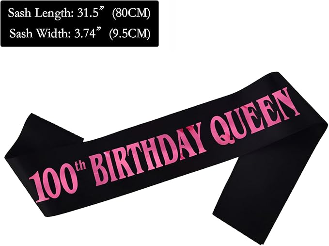 100th Birthday Queen Sash, Pink Foil Black Satin Birthday Sash for Women 100th Fabulous Birthday Party Gift Decorations Favors