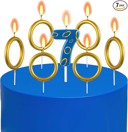 Conelist 7 Pcs Gold Ring Birthday Candles Number Candle Cake Topper Cartoon Characters Themed Candle for Wedding Anniversary Valentine's Day Birthday Party Decorations Supplies(Number 7)