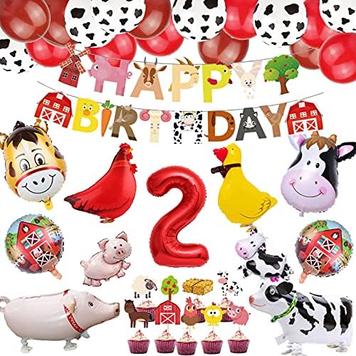 2nd Farm Birthday Party Supplies for Boys Girls Barnyard Animal Birthday Party Decorations Farm Happy Birthday Banner Cupcake Toppers