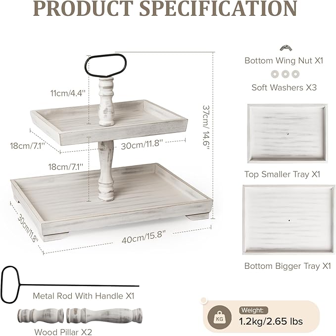 Rustic Wooden 2 Tiered Tray Stand, Farmhouse Tiered Serving Tray Decor, Rectangle Wood Display Stands for Food Fruits Cupcake and Seasonal Festive Decorations (White)