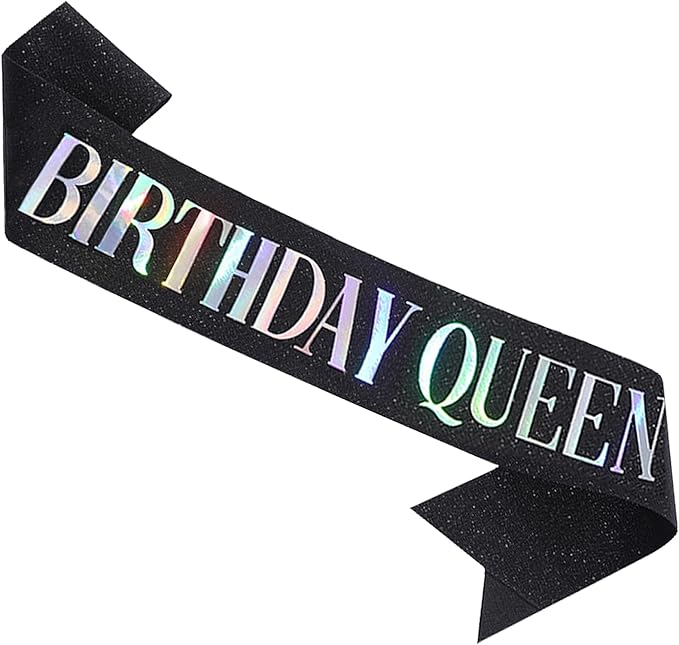 Birthday Queen Sash, Dazzle Foil Letter Glitter Black Birthday Sash for Women Girl 21st 30th 40th 50th 60th Funny Bday Gifts Party Favors Photo Prop