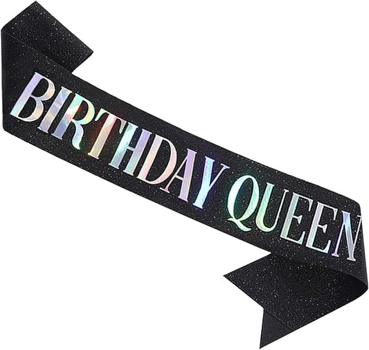Birthday Queen Sash, Dazzle Foil Letter Glitter Black Birthday Sash for Women Girl 21st 30th 40th 50th 60th Funny Bday Gifts Party Favors Photo Prop
