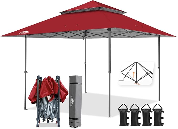 EAGLE PEAK 13x13 Straight Leg Pop Up Canopy Tent Instant Outdoor Canopy Easy Single Person Set up Folding Shelter w/Auto Extending Eaves 169 Square Feet of Shade (Red)