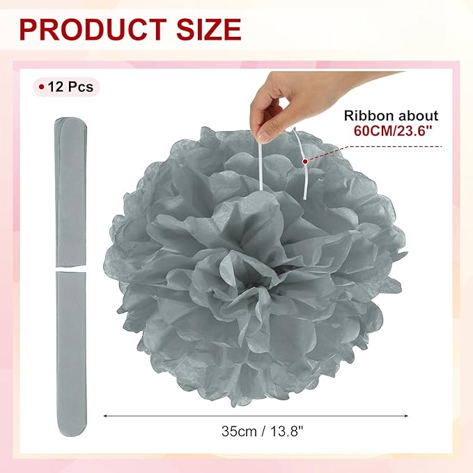 PATIKIL 14inch Tissue Paper Pom Poms, 12PCS Pom Poms Paper Flowers Ball Tissue Paper Flowers for Wedding Bridal Shower Birthday Bachelorette Party Backdrop Decoration, Grey