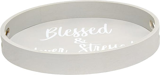 Elegant Designs HG2013-GYS Decorative 13.75'' Round Wood Serving Tray w/Handles, Blessed & Never Stressed, Gray