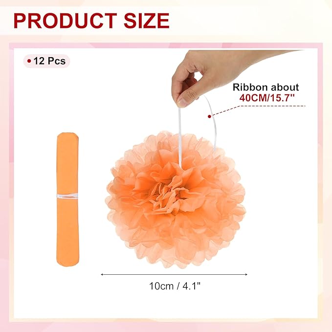 PATIKIL 4inch Tissue Paper Pom Poms, 12PCS Pom Poms Paper Flowers Ball Tissue Paper Flowers for Wedding Bridal Shower Birthday Bachelorette Party Backdrop Decoration, Orange