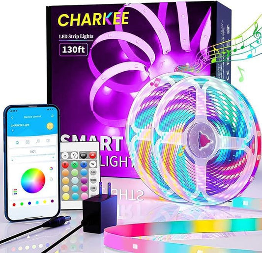 CHARKEE 130FT LED Strip Lights for Bedroom, RGB Color Changing Lights with Music Sync, Bluetooth App & Remote Control, 24V LED Light Strip for Room, Kitchen, Party & Home Decor (65.6ft*2)