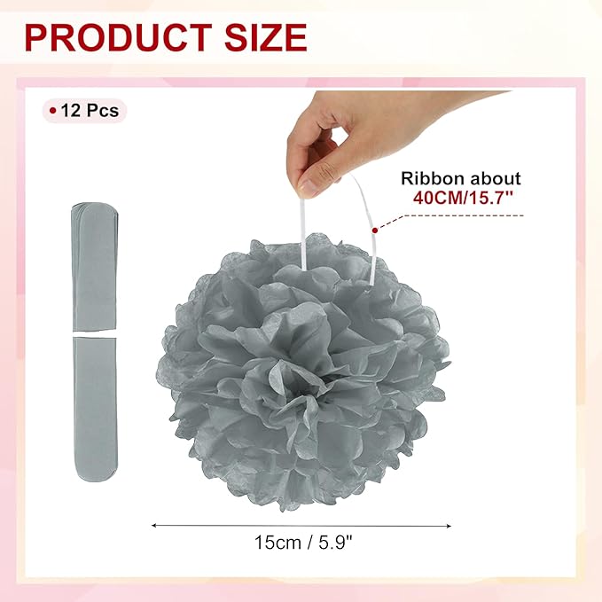 PATIKIL 6inch Tissue Paper Pom Poms, 12PCS Pom Poms Paper Flowers Ball Tissue Paper Flowers for Wedding Bridal Shower Birthday Bachelorette Party Backdrop Decoration, Grey
