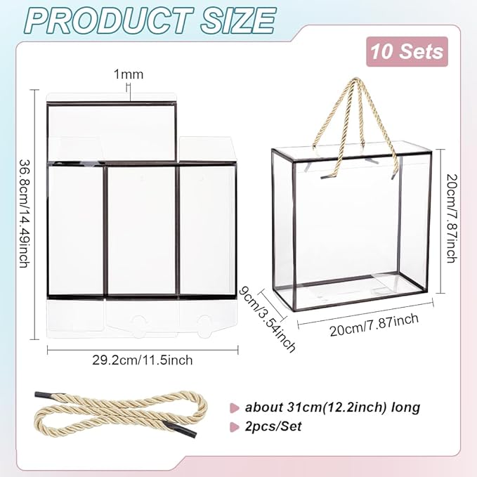 BENECREAT 10 Packs Clear PET Plastic Gift Box, 7.8x7.8x3.5 Inch Treat Gift Boxes with Black Border and Handle, Favor Box with Cord for Mother's Day, Birthday Party, Wedding Favours