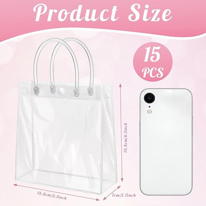 Okxiri 15 PCS Clear PVC Gift Bags with Handles,Small Reusable Plastic Party Favor Bags, Transparent Goodie Bags for Wedding,Baby Shower, Birthday (6.1" x 6.1" x 2.7")