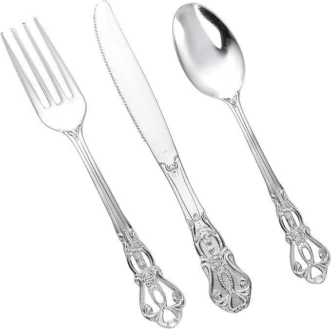 150PCS Silver Plastic Silverware - Heavy Duty Silver Disposable Cutlery - Fancy Plastic Utensils Flatware Include 50 Forks, 50 Spoons, 50 Knives for Catering, Parties, Dinners, Weddings