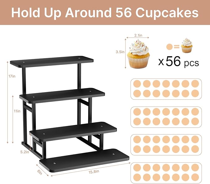 Cupcake Stand for 50 Cupcakes 4 Tiered Tray Stand for Food Cookie Wooden Dessert Display Risers for Party Wedding Buffet Stepped Risers Display Stands for Vendor Farmers Market Display, Black