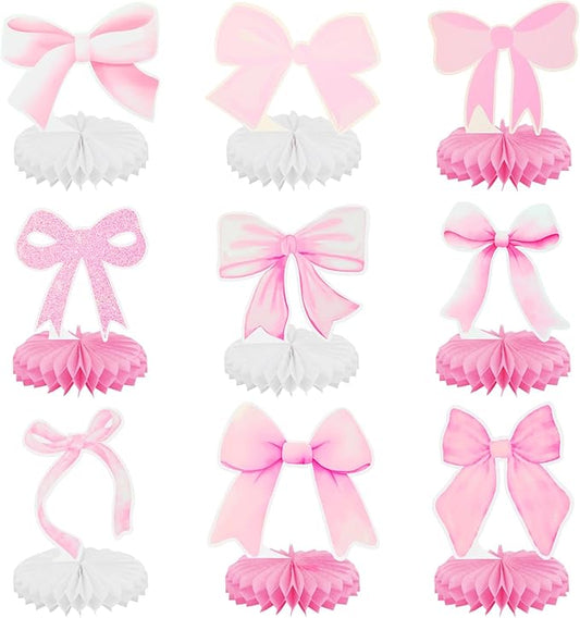 9Pcs Pink Bow Party Honeycomb Centerpieces Decorations, Pink Bow Coquette Birthday Table Decor, 3D Bow Decorations for Birthday Bachelorette Bridal Party