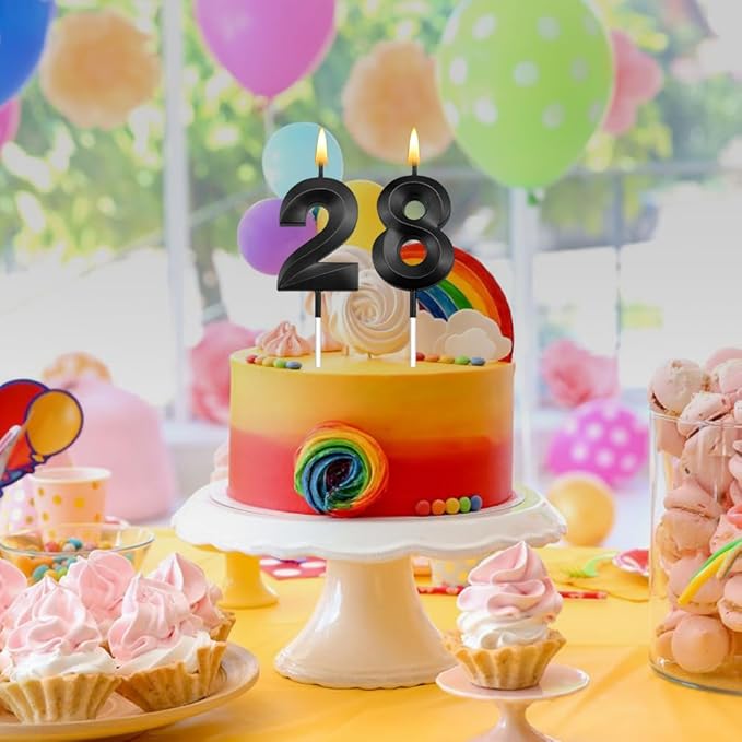 28th Birthday Candles 28 Candles for 28th Birthday Decorations for Boys Happy 28 Birthday Cake Topper Black Birthday Candles Black Number Candles (28)