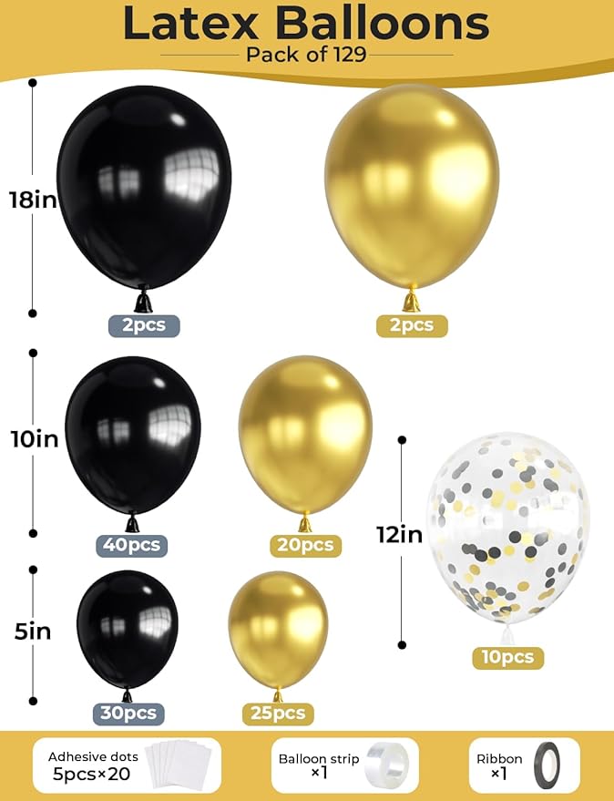 Black and Gold Balloons Arch Garland Kit, 129 Pcs 18/12/10/5 In Black Gold and Confetti Balloon, Graduation Balloons Arch kit for Graduation 2026 Decorations,Birthday, Retirement, Anniversary