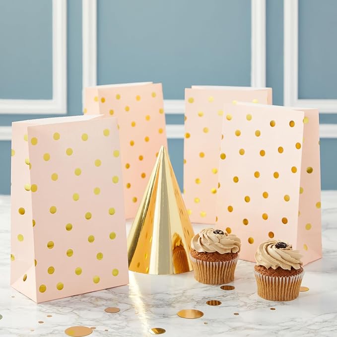 BLUE PANDA Party Favor Candy Bags - 24 Pack, Pink & Gold Foil, 5.5 x 8.6 x 3 In - Princess Favor Bags - Bulk Lollipops Individually Wrapped