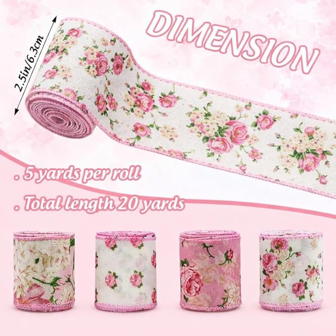 Pink Floral Ribbon with Wire, Vintage Rose Wired Ribbon for Bow Making, Wreath Craft, Gift Wrap, Spring Summer Holiday Wedding Birthday Baby Shower Party Home Decor,4 Rolls,2.5 Inch (Pink)