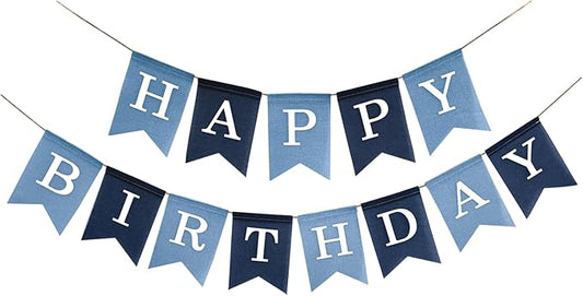 Pre-Strung Blue Happy Birthday Banner, No DIY Burlap Banner, Colorful Party Decorations for Boys, Reusable Fabric, Ready to Hang Birthday Decor
