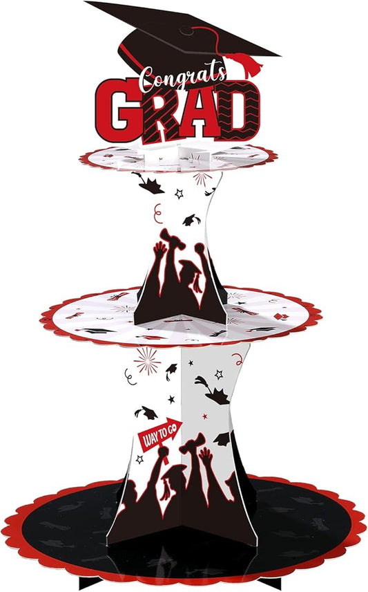 Nuenen Graduation Cupcake Holder Decoration 3 Tier Congrats Grad Party Cupcake Stand Tower Cardboard Grad Theme Dessert Stand for Graduation Party Supplies Favors(Red and Black)